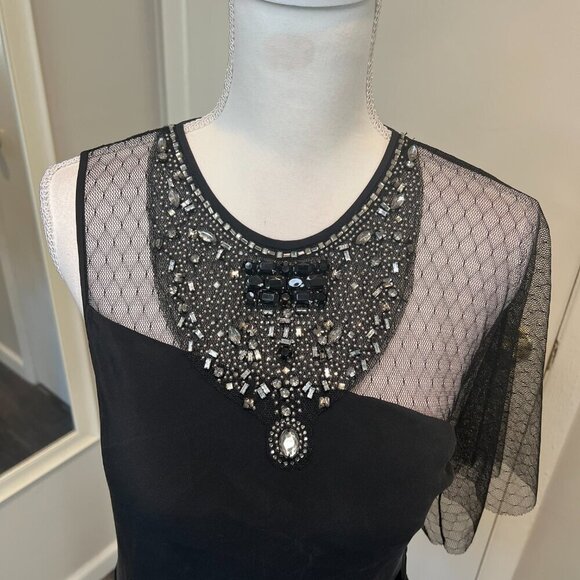 BCBGMaxAzria Black Beaded One Shoulder Mesh asymmetrical Silk blouse, Size S - Picture 2 of 16